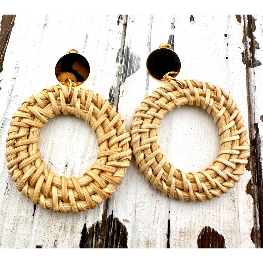 Rattan Hoop Earrings with Gold Tone Disc Studs